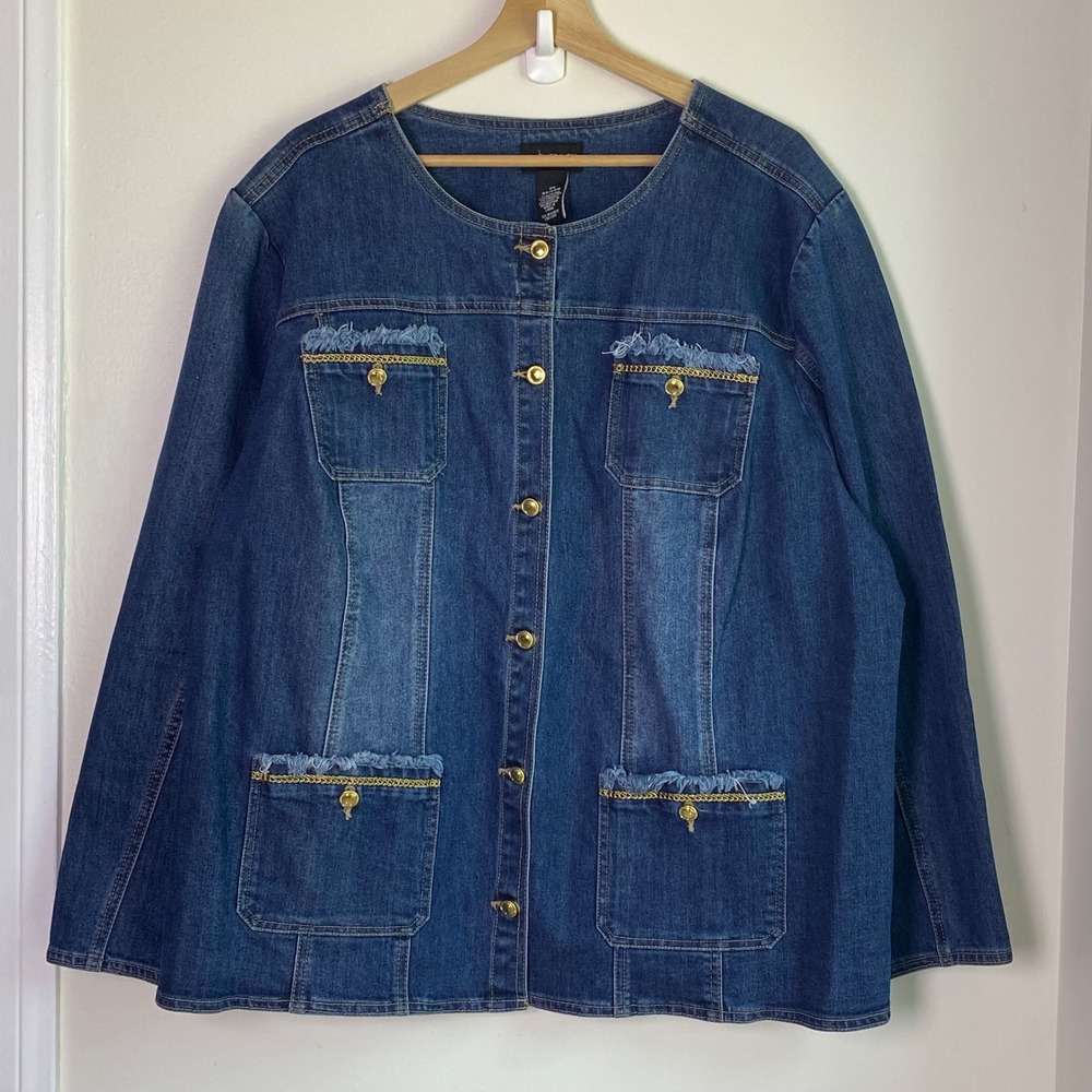 Catherines Denim Jacket Womens 2X Blue Gold Chain Fringed Pockets Casual Chic
